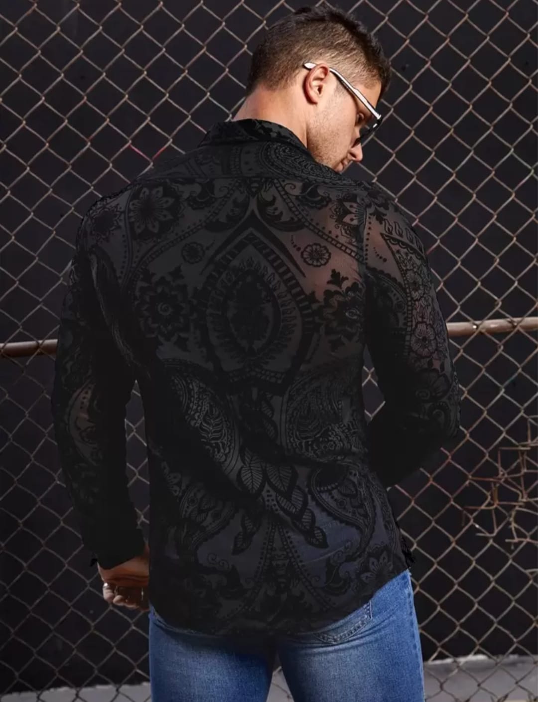 Men's Black Sheer Floral Printed Slim Fit Shirt